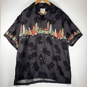 Diamond Head Sportswear Hawaiian Shirt Men Black Surfboards Woodie Cars USA Made